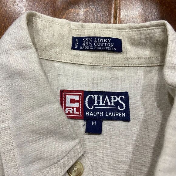Chaps Ralph Lauren Vintage 90s Casual Linen Blend Beige Button Down Shirt Medium - Picture 7 of 9